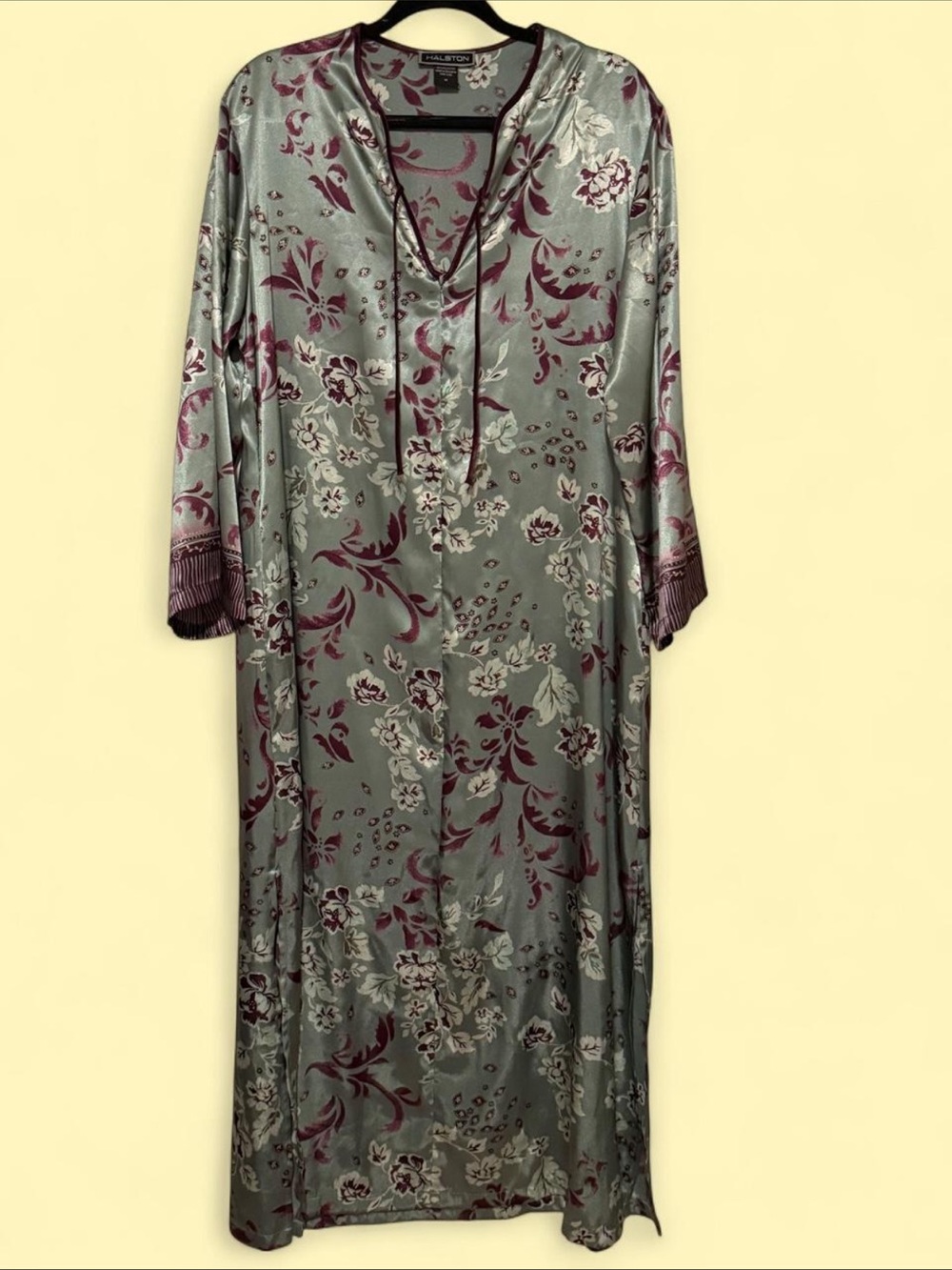 VTG Halston Satin Floral Caftan Maxi Dress | Sage Burgundy Y2K Boho Luxe sz M - Picture 2 of 9
